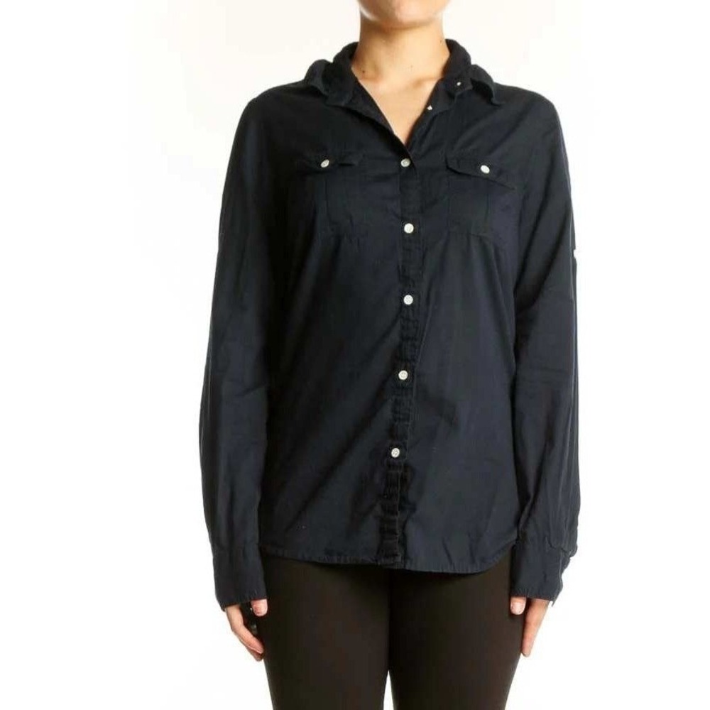 Womens Navy Blue Long Sleeve Button Down Utility Shirt with Roll Tab Sleeves
